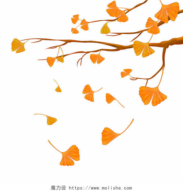 九月你好黄色卡通插画秋天秋季银杏叶树枝落叶秋天叶子